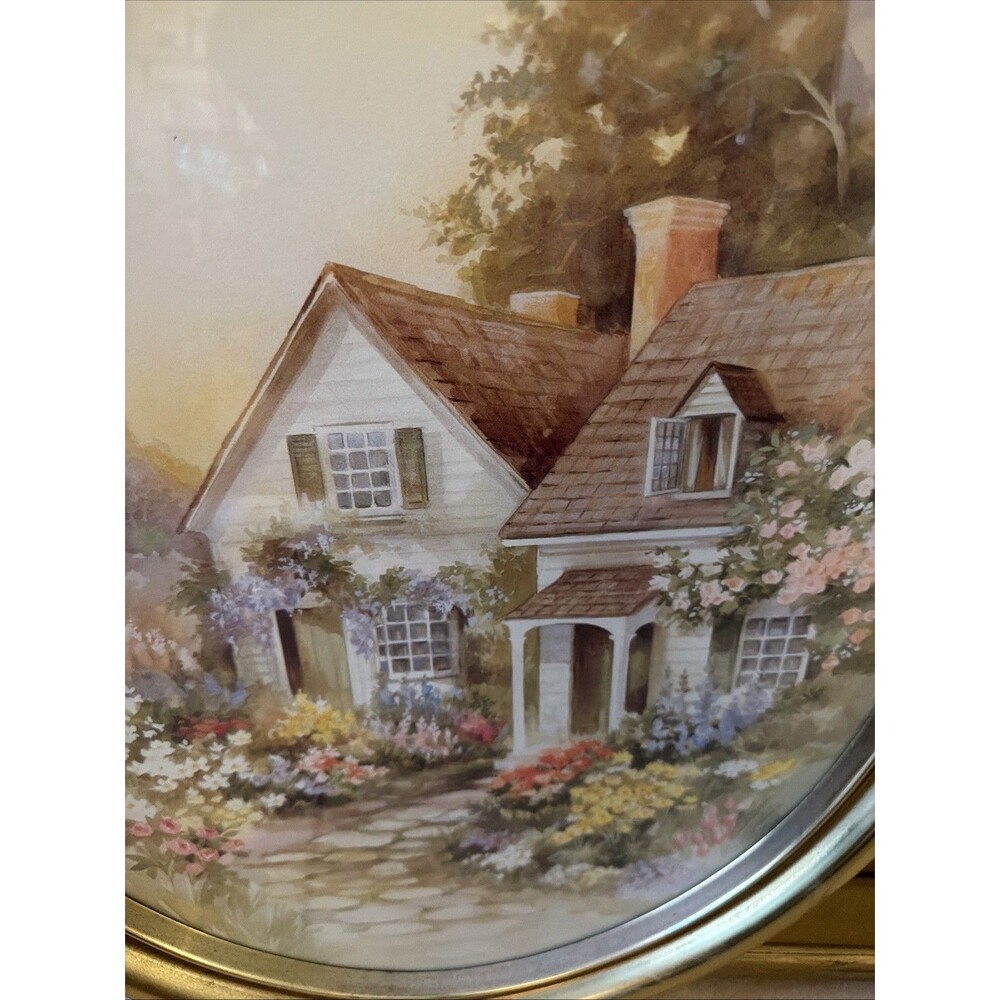 Vtg Oval Gold Framed Country Cottage Picture Home Interiors 80’s Wall Art 22" T - Picture 2 of 4